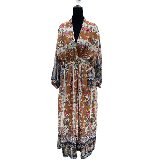 Umgee Other - Umgee Boho Floral Kimono Midi Dress M Mustard Mixed Print Bell Sleeve Snap Waist